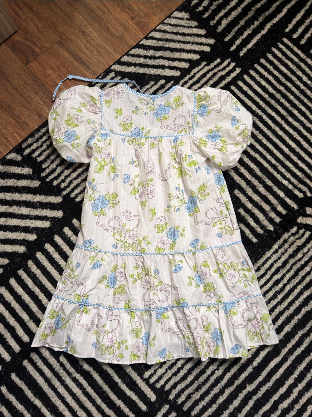 Floral Puff Sleeve Sundress in White with Blue & Green Flowers